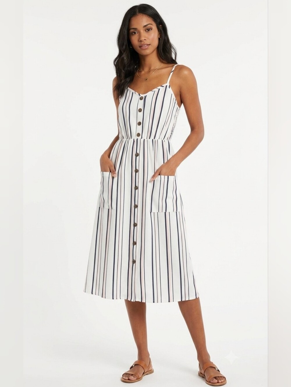 White Navy Pink Striped Retro Button-Front Midi Dress Pockets Small